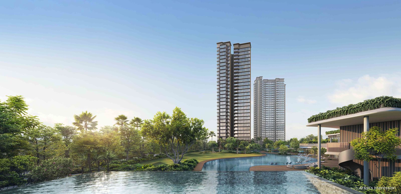 Artist's impression of the Infinity Lap Pool at Thomson Reserve with the towers behind