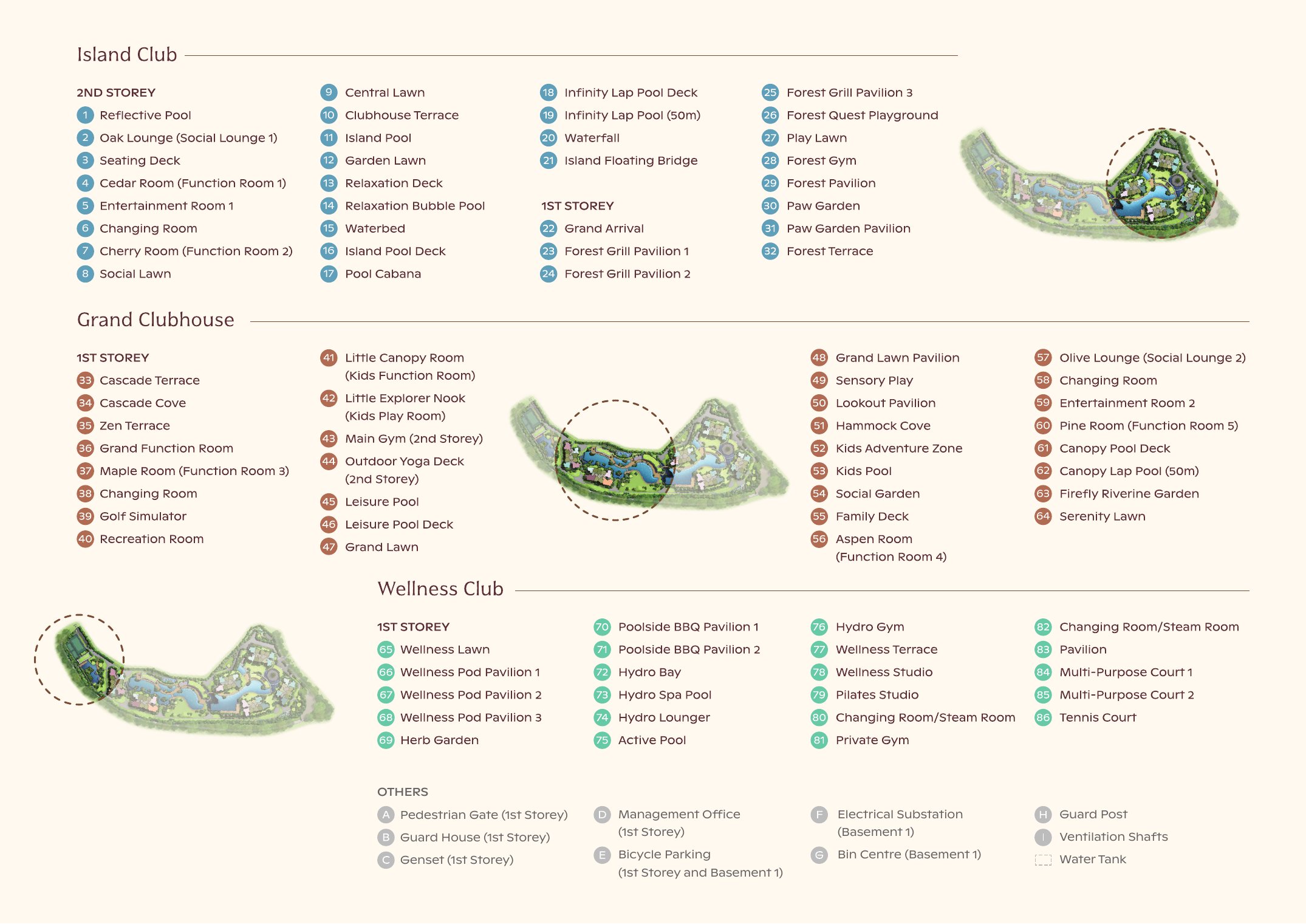 Thomson Reserve facilities site plan listing the Island Club, Grand Clubhouse and Wellness Club